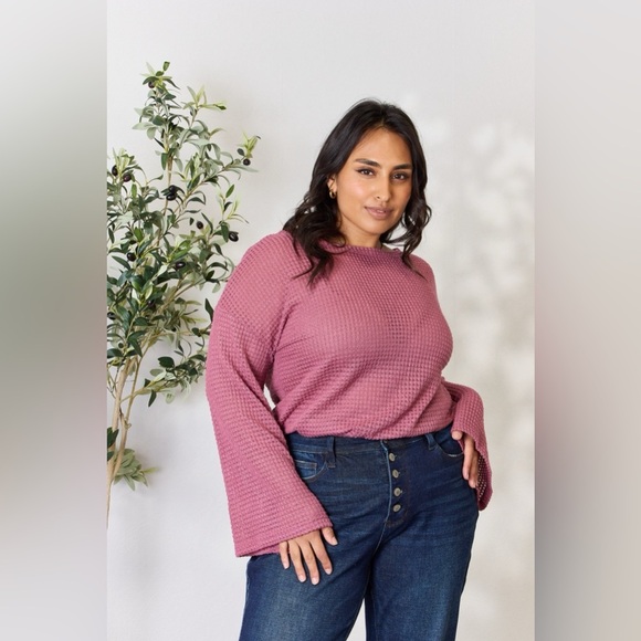 Culture Code Waffle-Knit Round Neck Long Sleeve Blouse - Picture 8 of 12